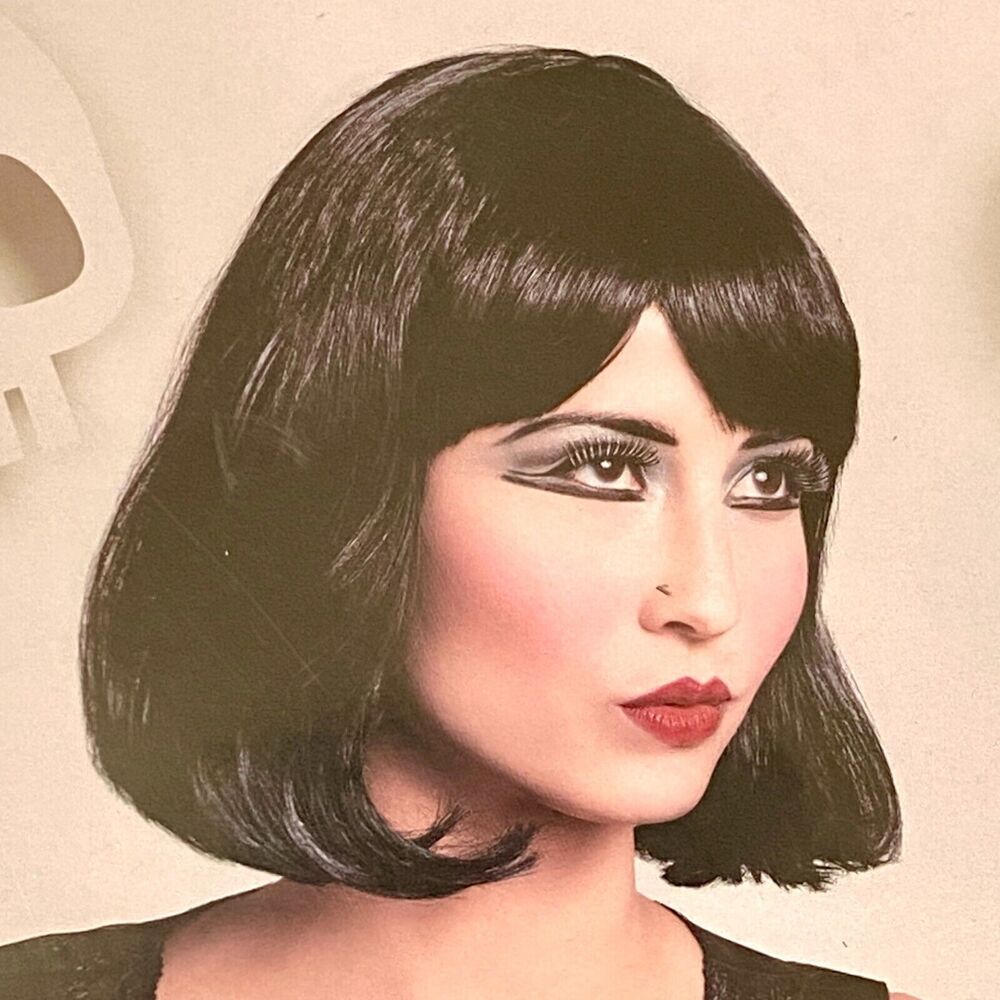 Halloween Costume Black Wig Bob Witch Goth Wig Dancer Flapper Gatsby Bangs NEW